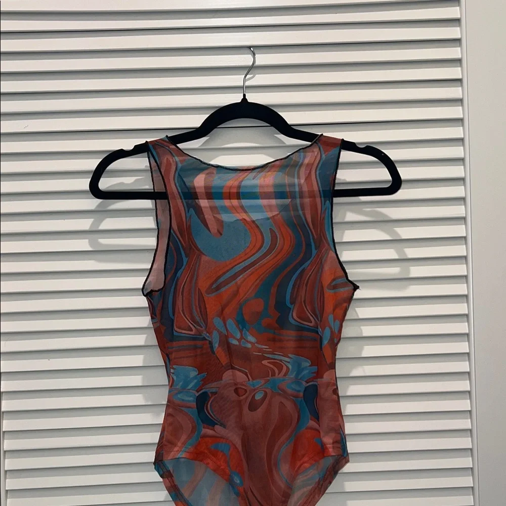 Turquoise and Orange See-through Swirl Pattern Bodysuit - Picture 6 of 11